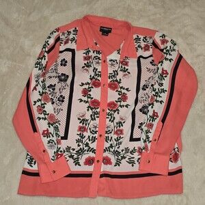 Liz Claiborne Career Floral Button Blouse Women’s Medium Long Sleeve Coral Black